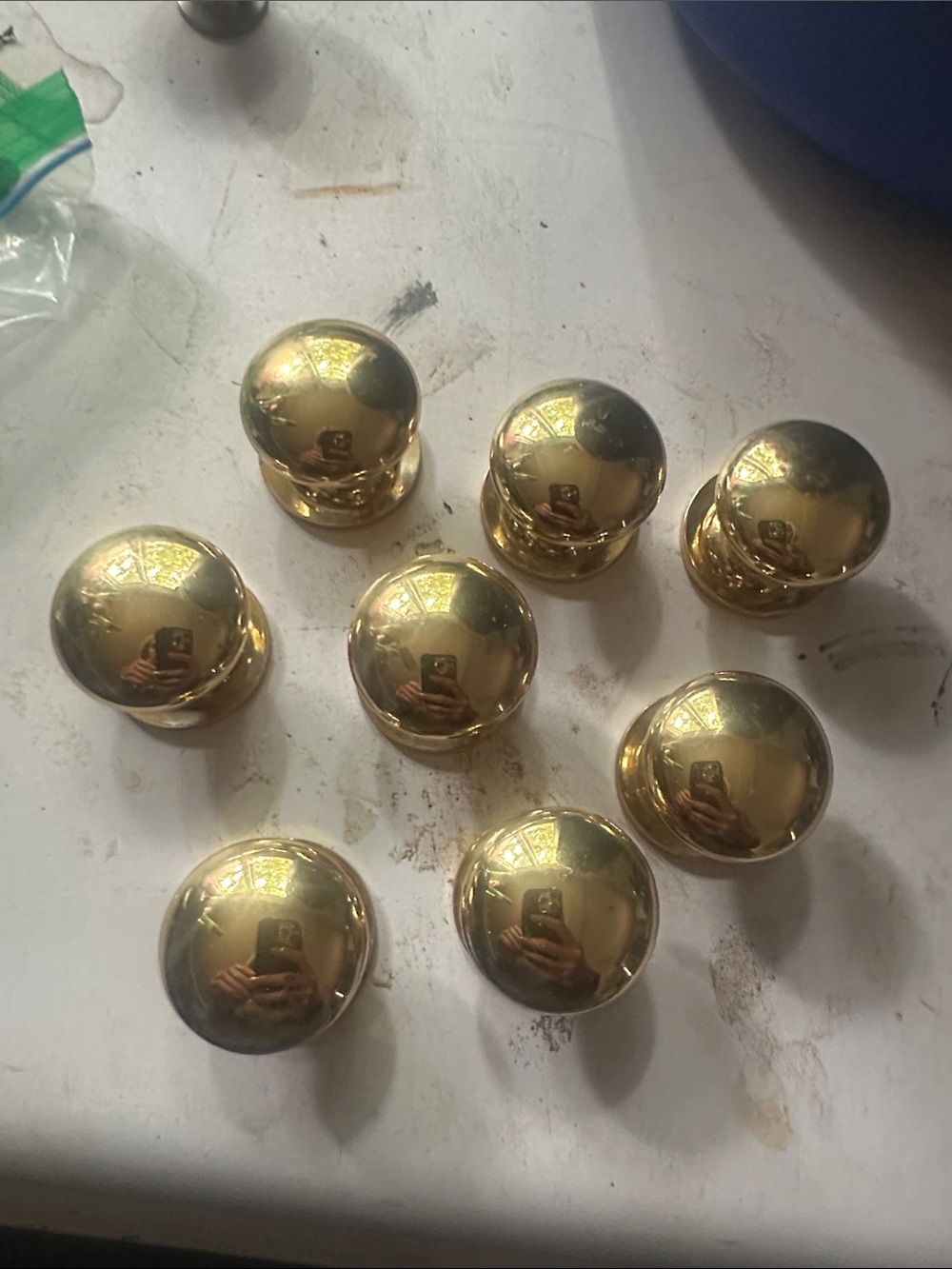 Set of 9 Polished Brass Round Cabinet Knobs